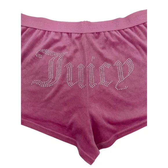 Juicy Couture Rhinestone Logo Pink Velour Lounge Shorts XL Y2K Revive - Picture 2 of 13